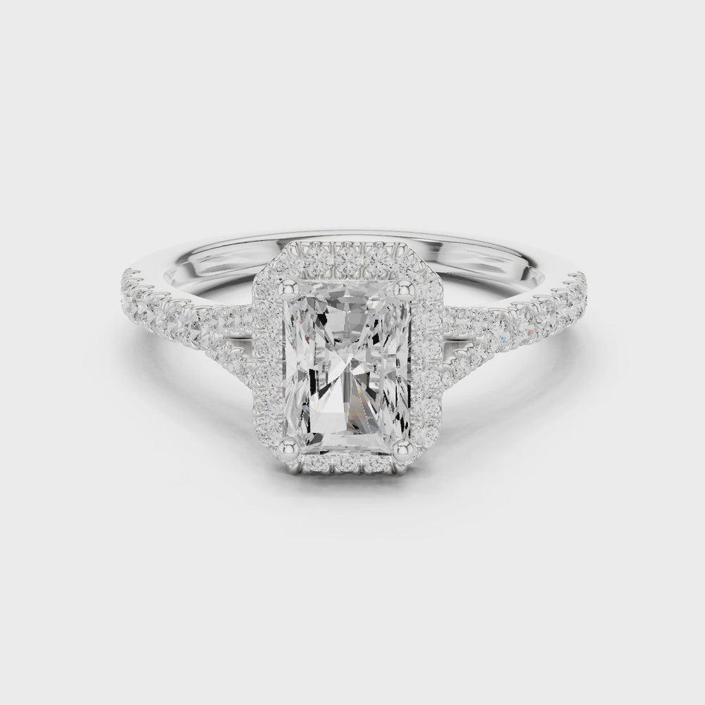Radiant Cut Halo Engagement Ring with Pavé Diamond Band