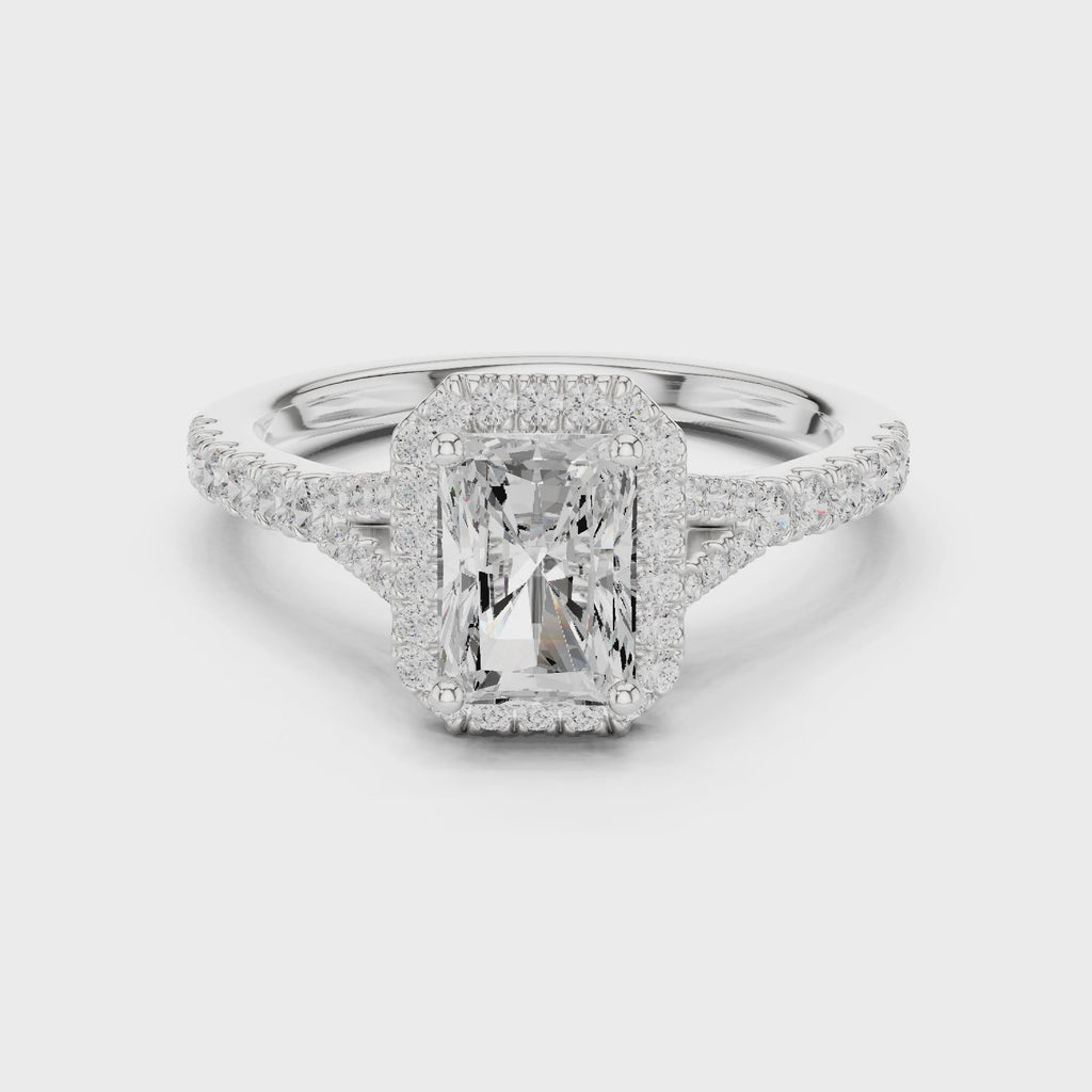 Radiant Cut Halo Engagement Ring with Pavé Diamond Band