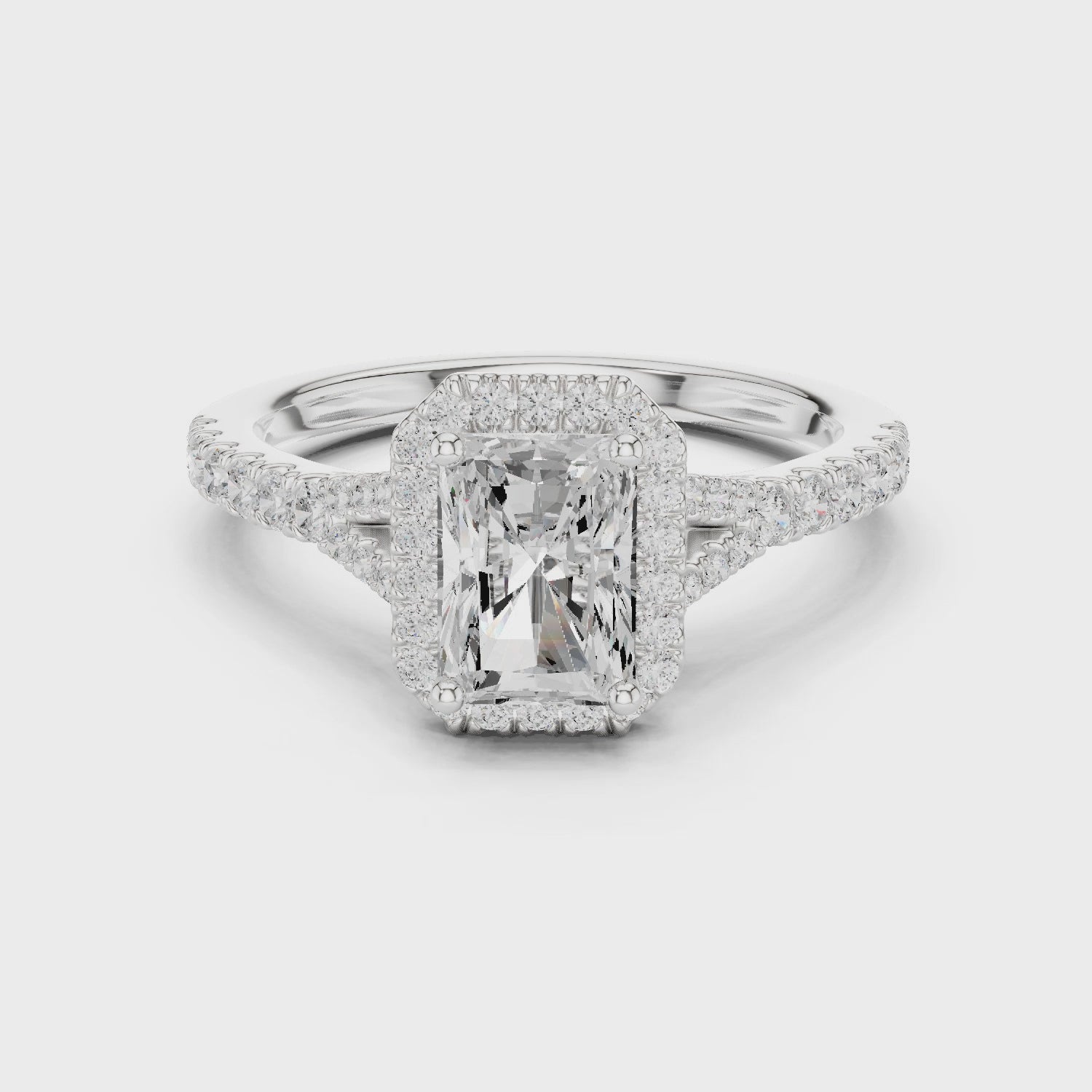 Radiant Cut Halo Engagement Ring with Pavé Diamond Band