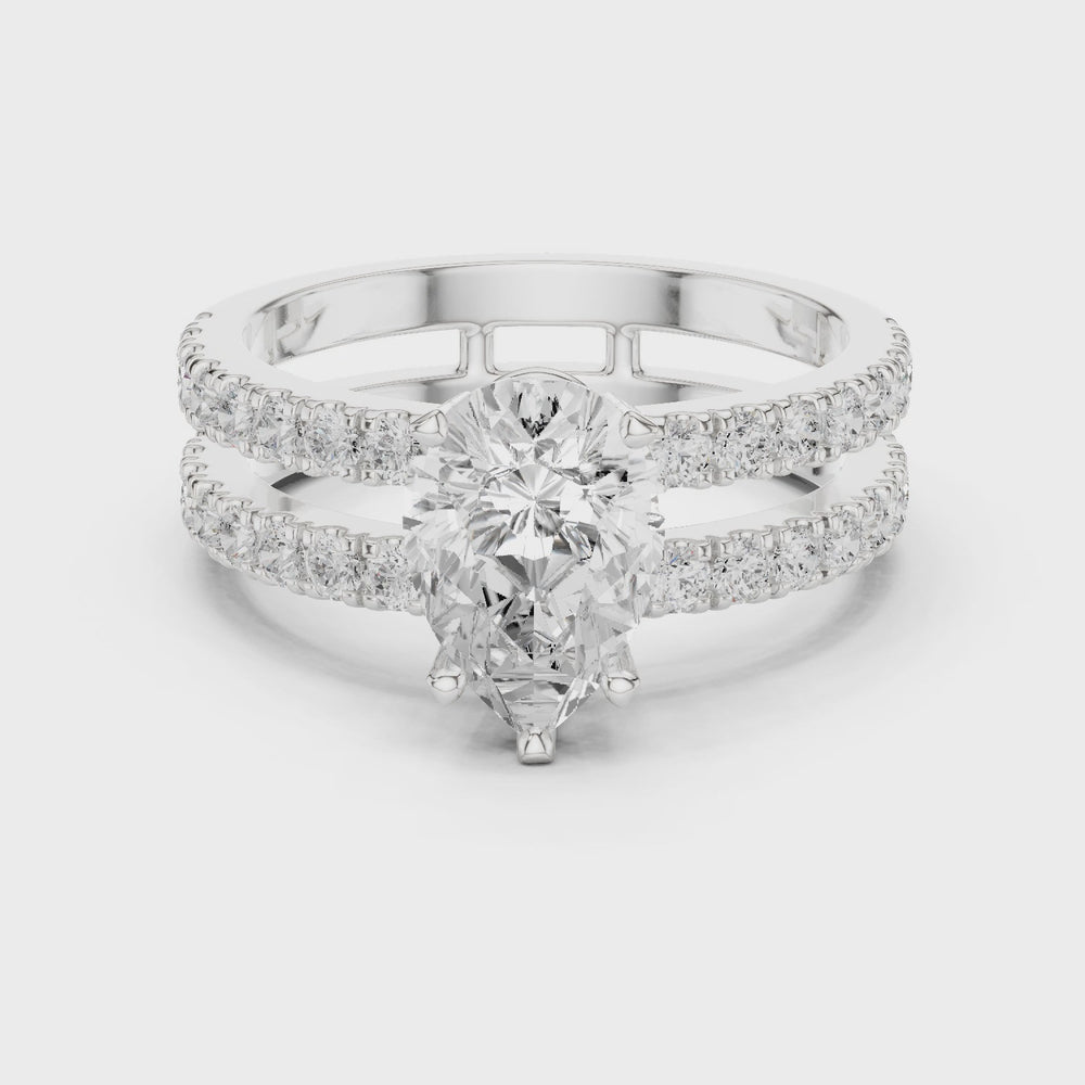 Pear Cut Double Band Diamond Engagement Ring with Pavé Diamonds