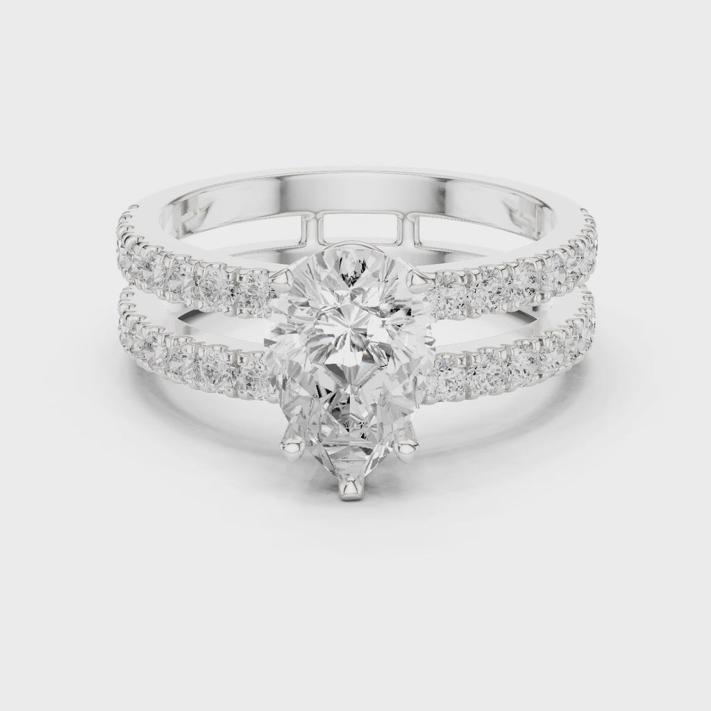Pear Cut Double Band Diamond Engagement Ring with Pavé Diamonds