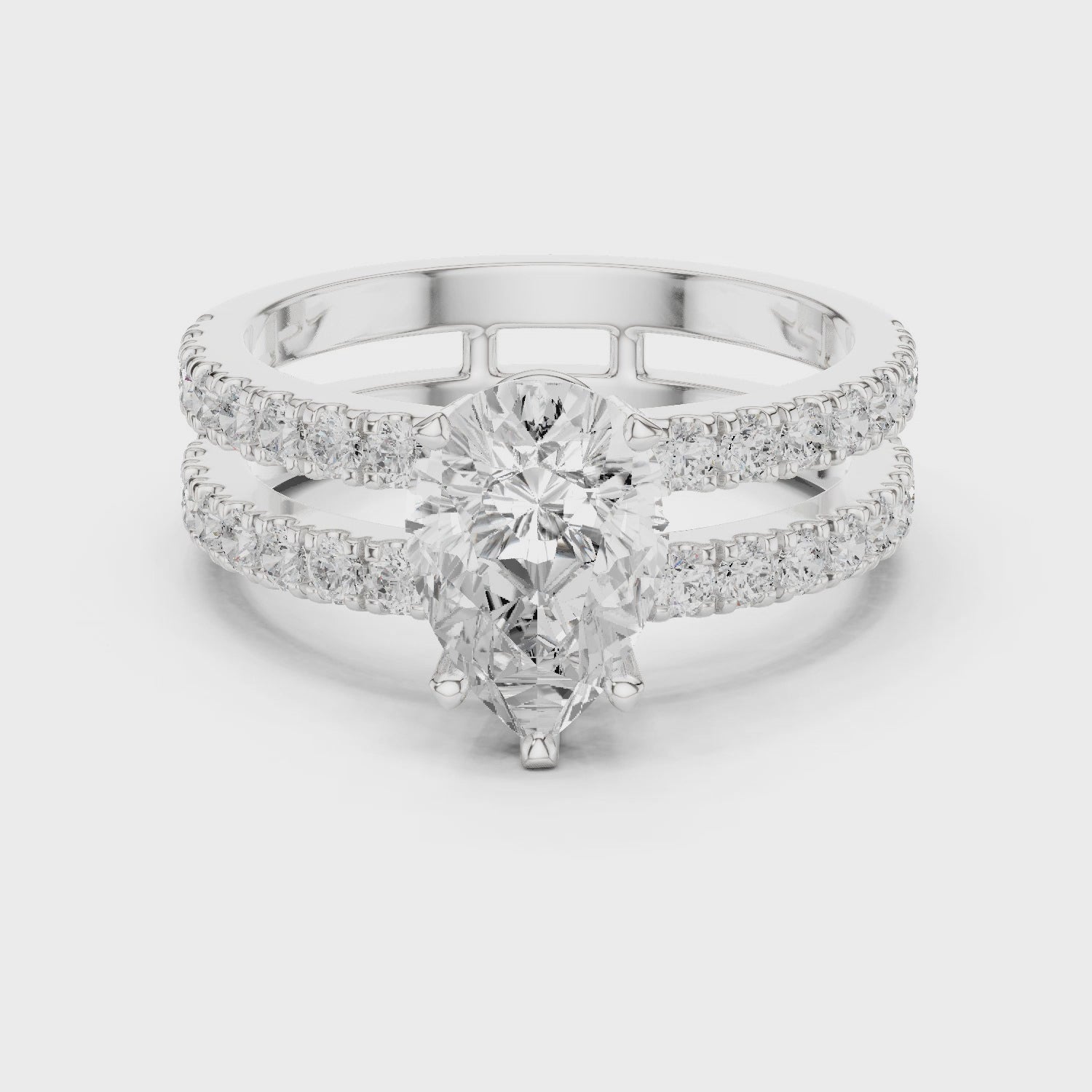 Pear Cut Double Band Diamond Engagement Ring with Pavé Diamonds