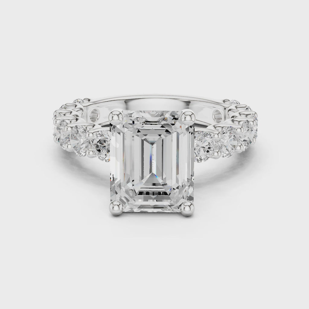 Emerald Cut Eternity Engagement Ring with Double Row Diamond Band
