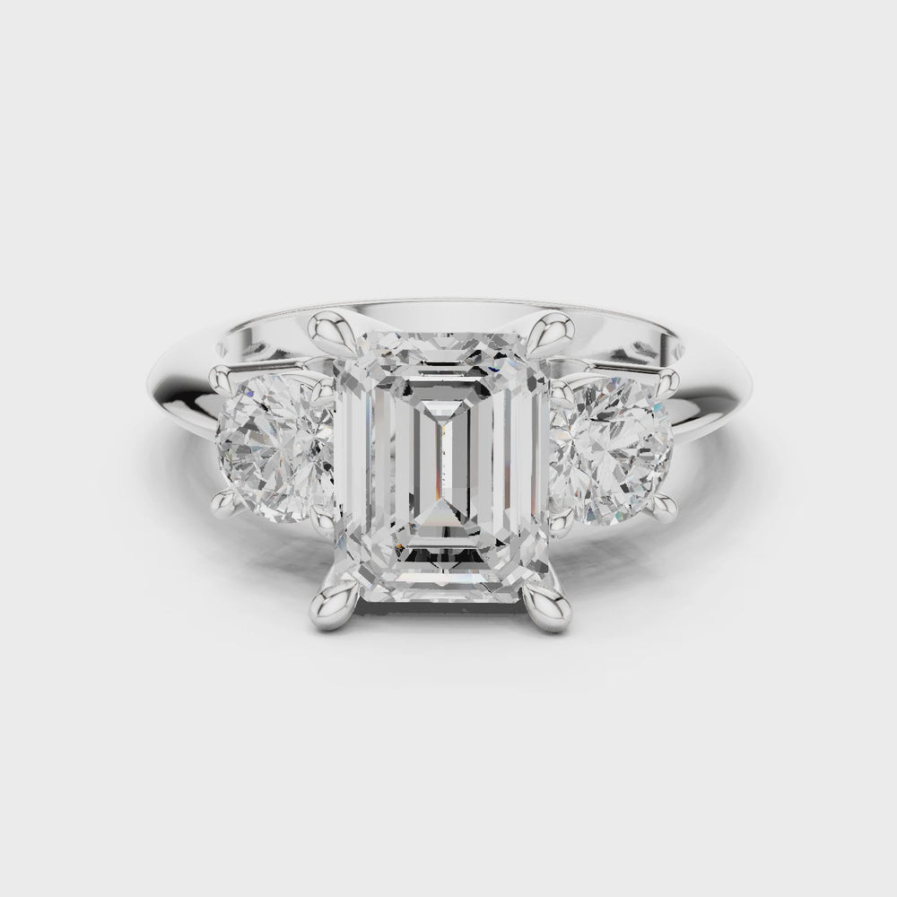 Emerald Cut Three Stone Diamond Engagement Ring with Round Side Stones