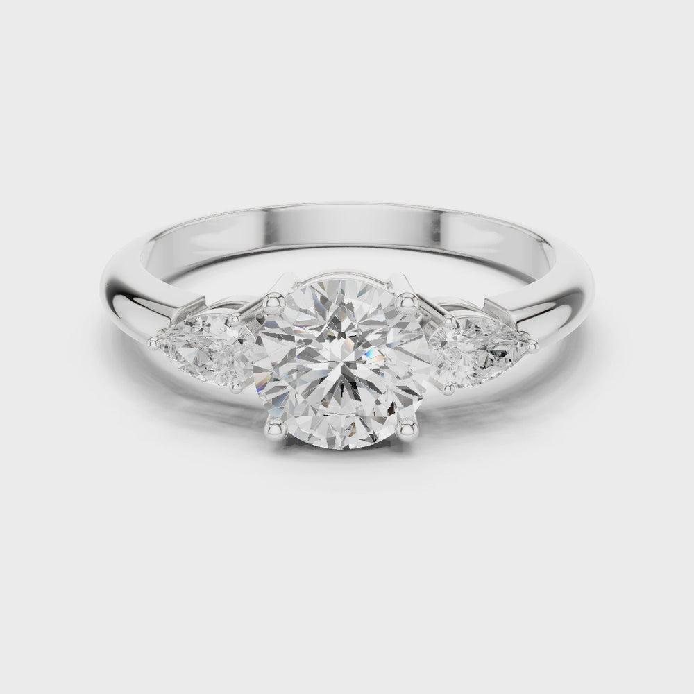 Round Three Stone Diamond Engagement Ring with Pear Side Stones