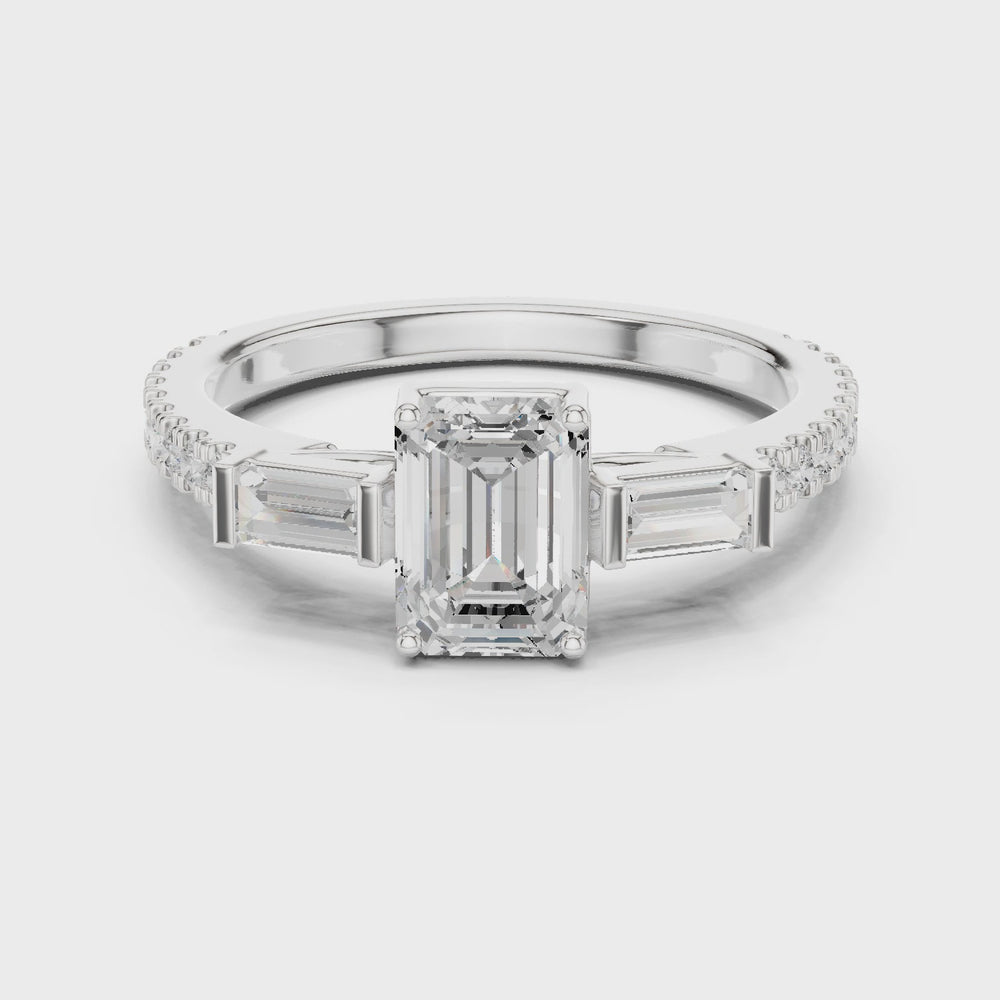 Emerald Cut Three Stone Pavé Diamond Engagement Ring