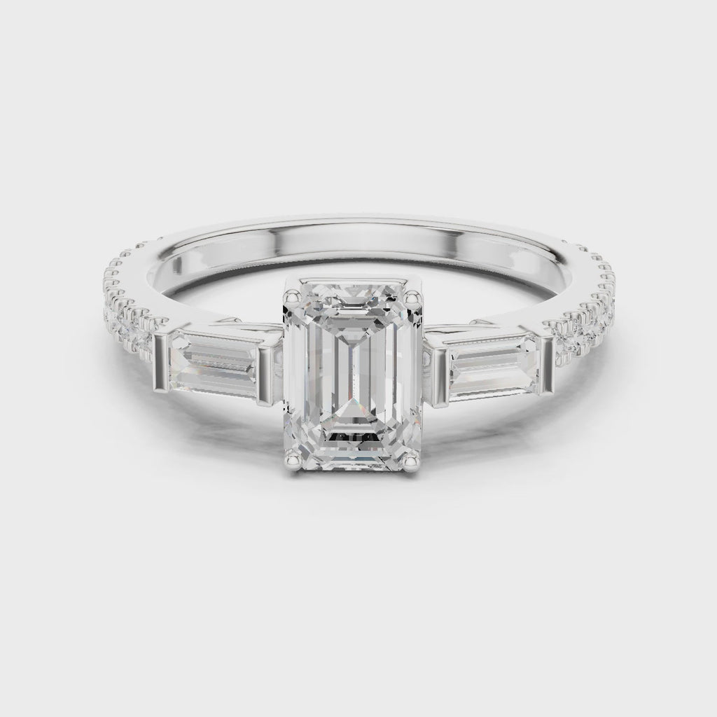 Emerald Cut Three Stone Pavé Diamond Engagement Ring