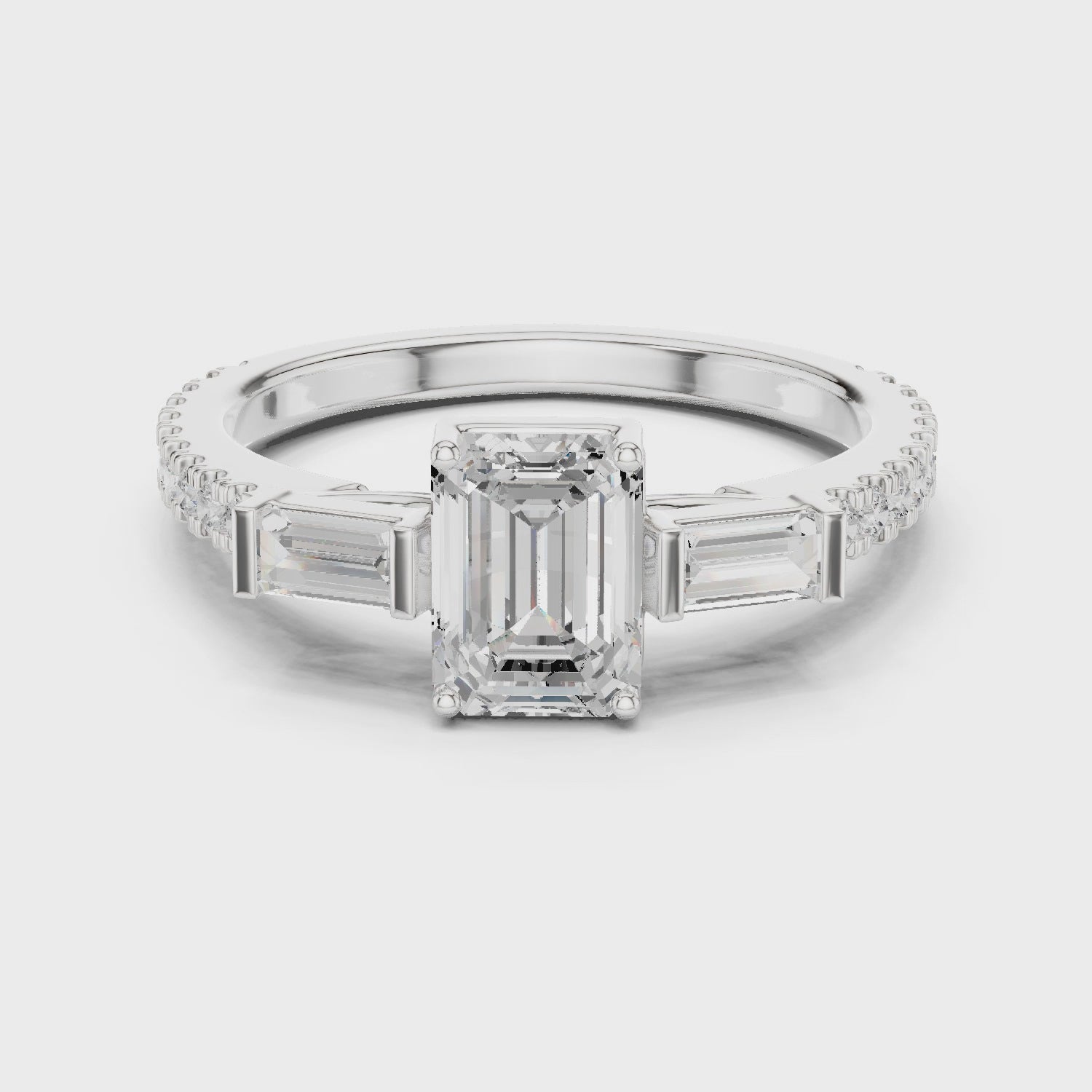 Emerald Cut Three Stone Pavé Diamond Engagement Ring