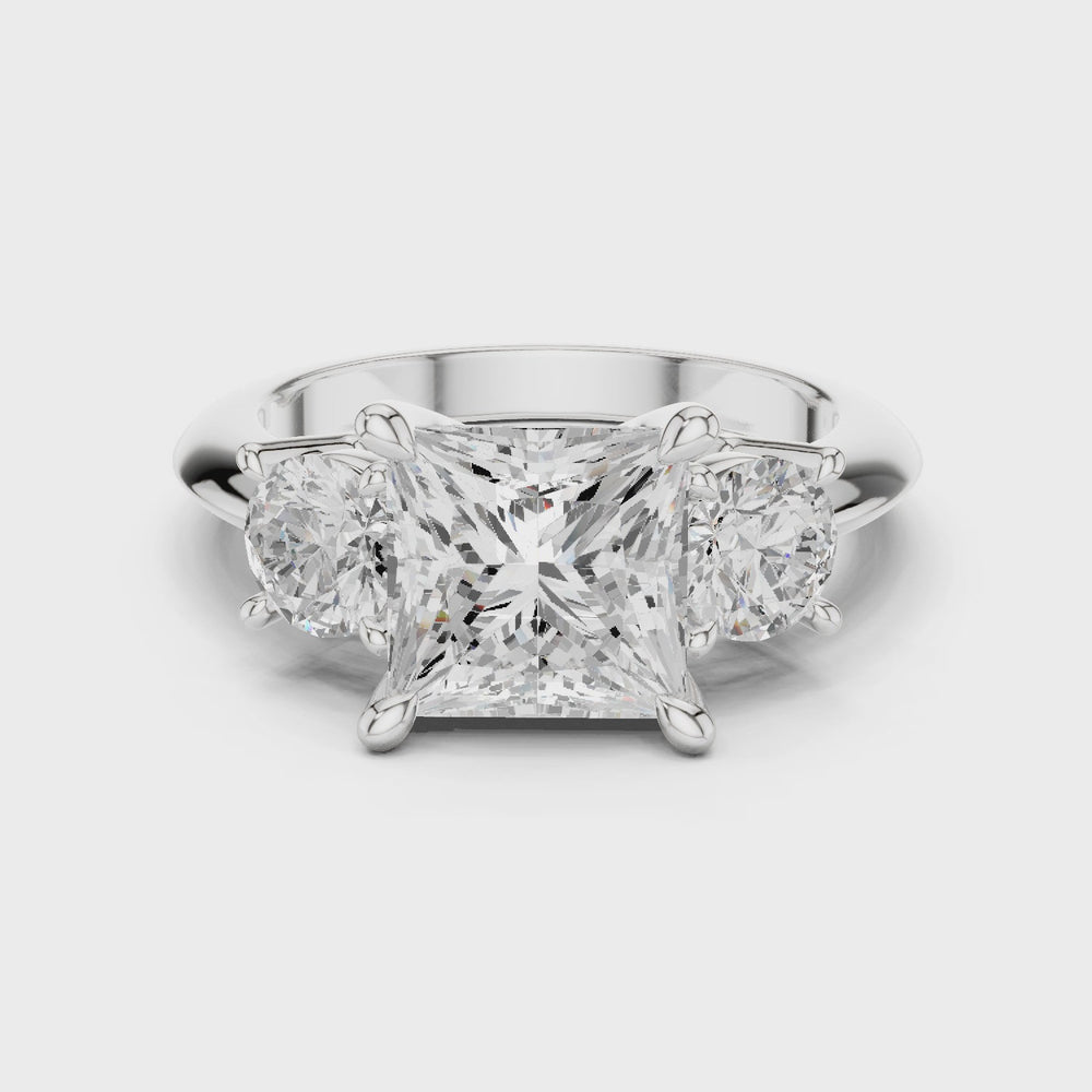 Princess Three Stone Diamond Engagement Ring with Round Side Stones