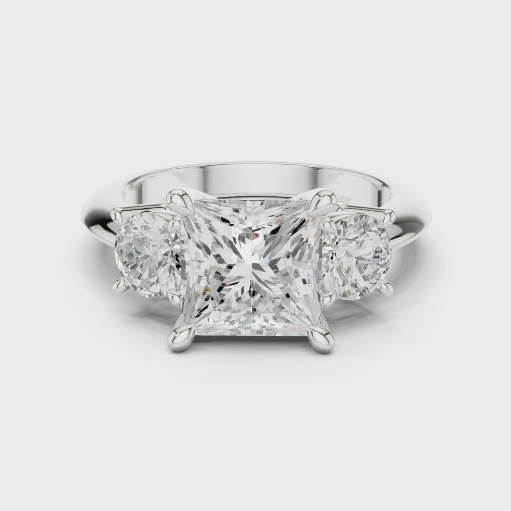Princess Three Stone Diamond Engagement Ring with Round Side Stones