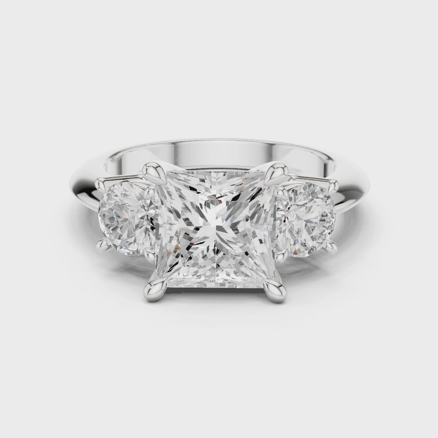 Princess Three Stone Diamond Engagement Ring with Round Side Stones