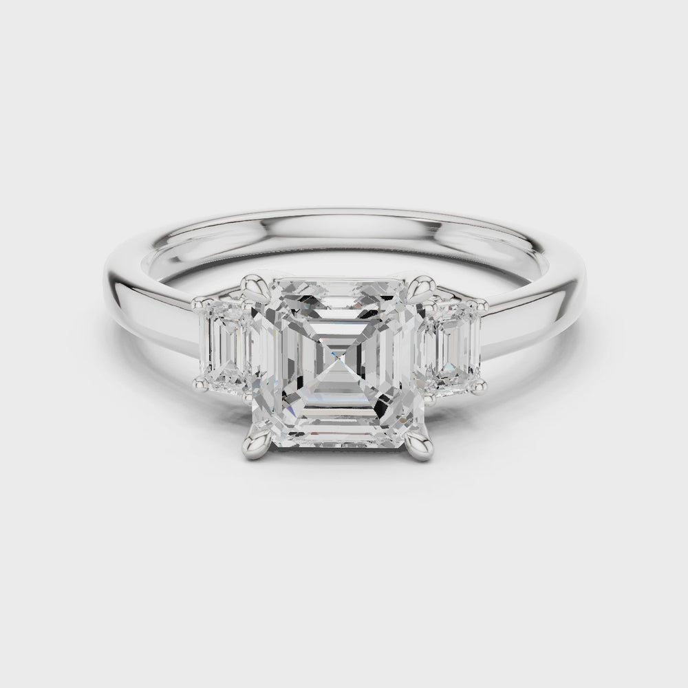 Asscher Cut Three Stone Diamond Engagement Ring
