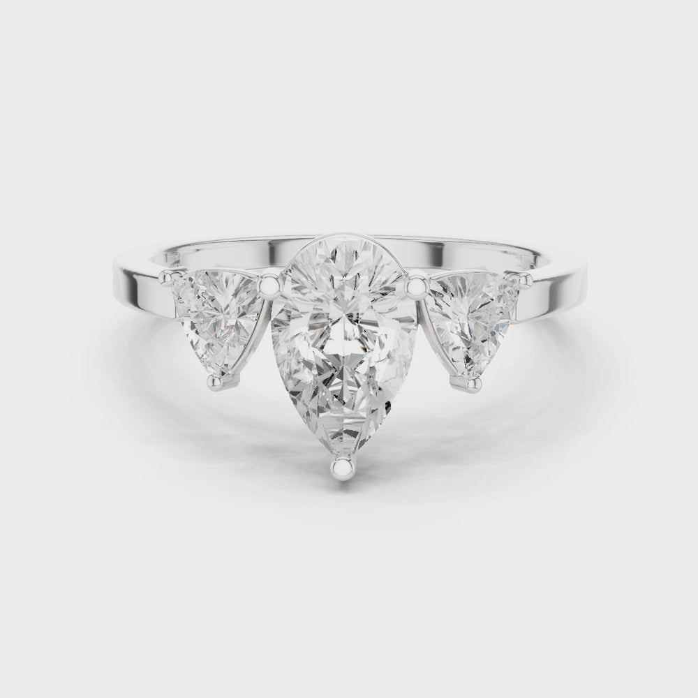 Pear Cut Three Stone Diamond Engagement Ring with Trillion Side Stones